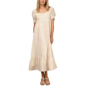 Cream Floral Puff-Sleeve Maxi Dress